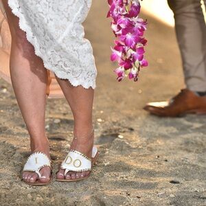 Jack Rogers “I Do” white and gold leather sandals, size 8